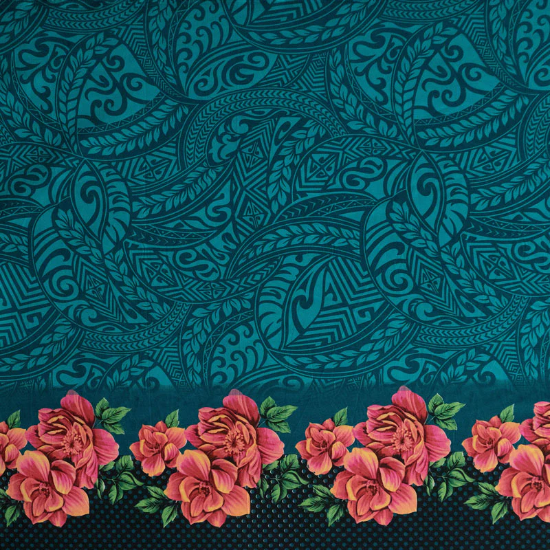 Traditional Polynesian Tattoo Rose Polka Dot Border Peachskin Fabric | Islands Fabric - Image 5