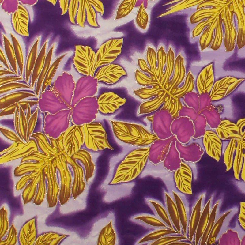 Hibiscus Plumeria Monstera Palm Leaves Glitter Polyester Fabric | Islands Fabric - Image 4