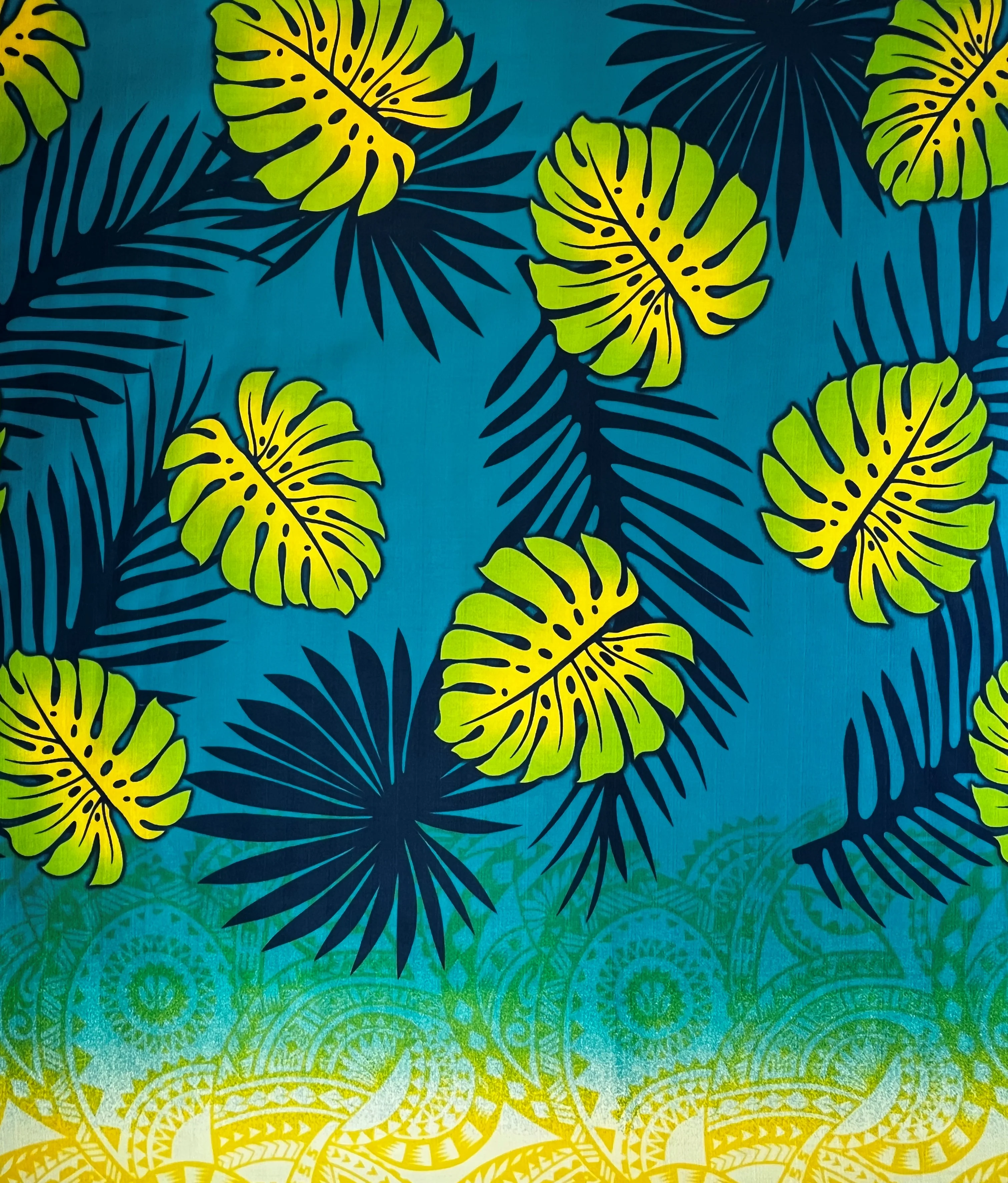 Monstera Palm Leaves Traditional Tattoo Border Light Barkcloth Fabric | Islands Fabric - Image 5