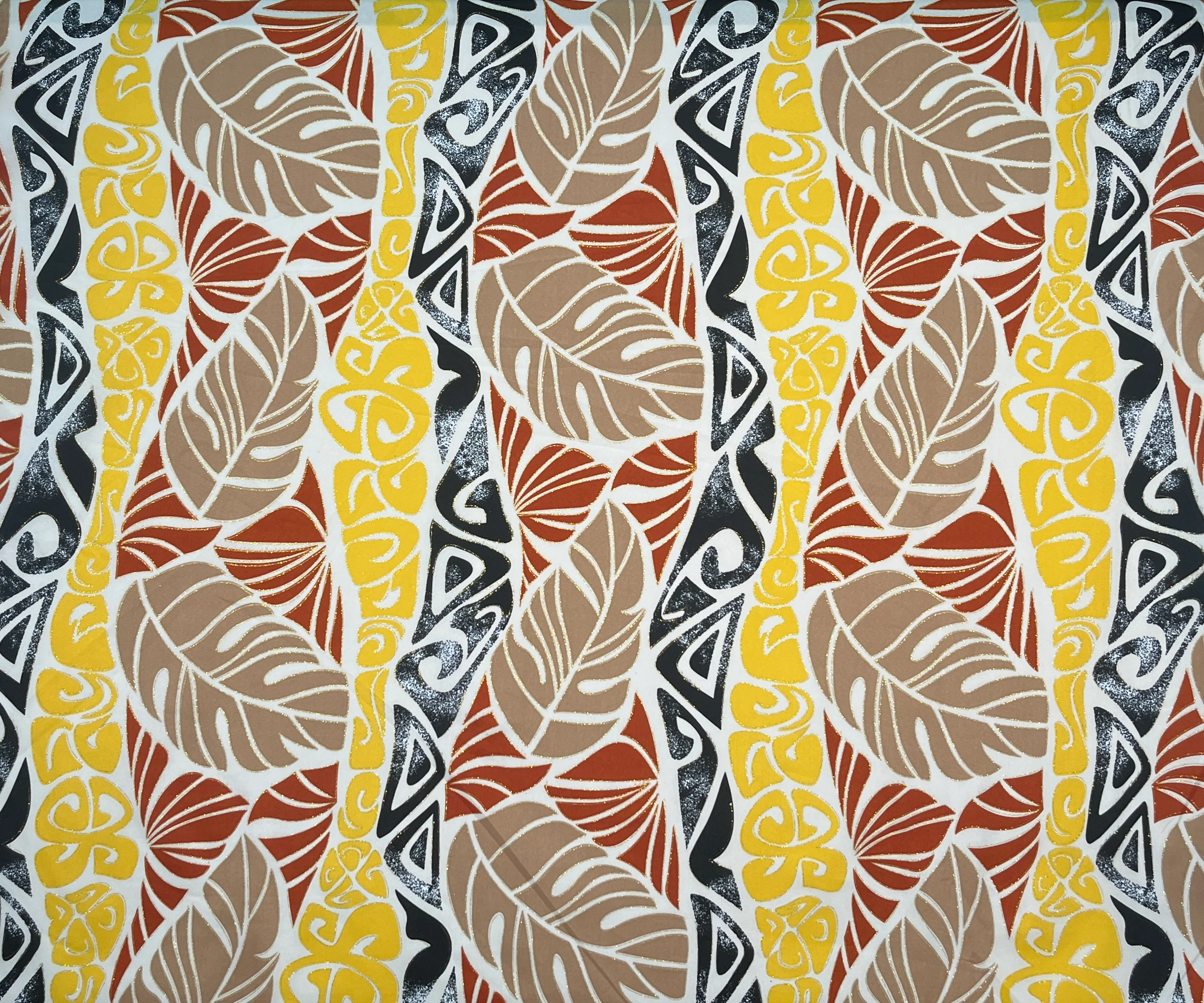 Monstera Tribal Print Polyester Glitter Fabric | Islands Fabric - Image 3