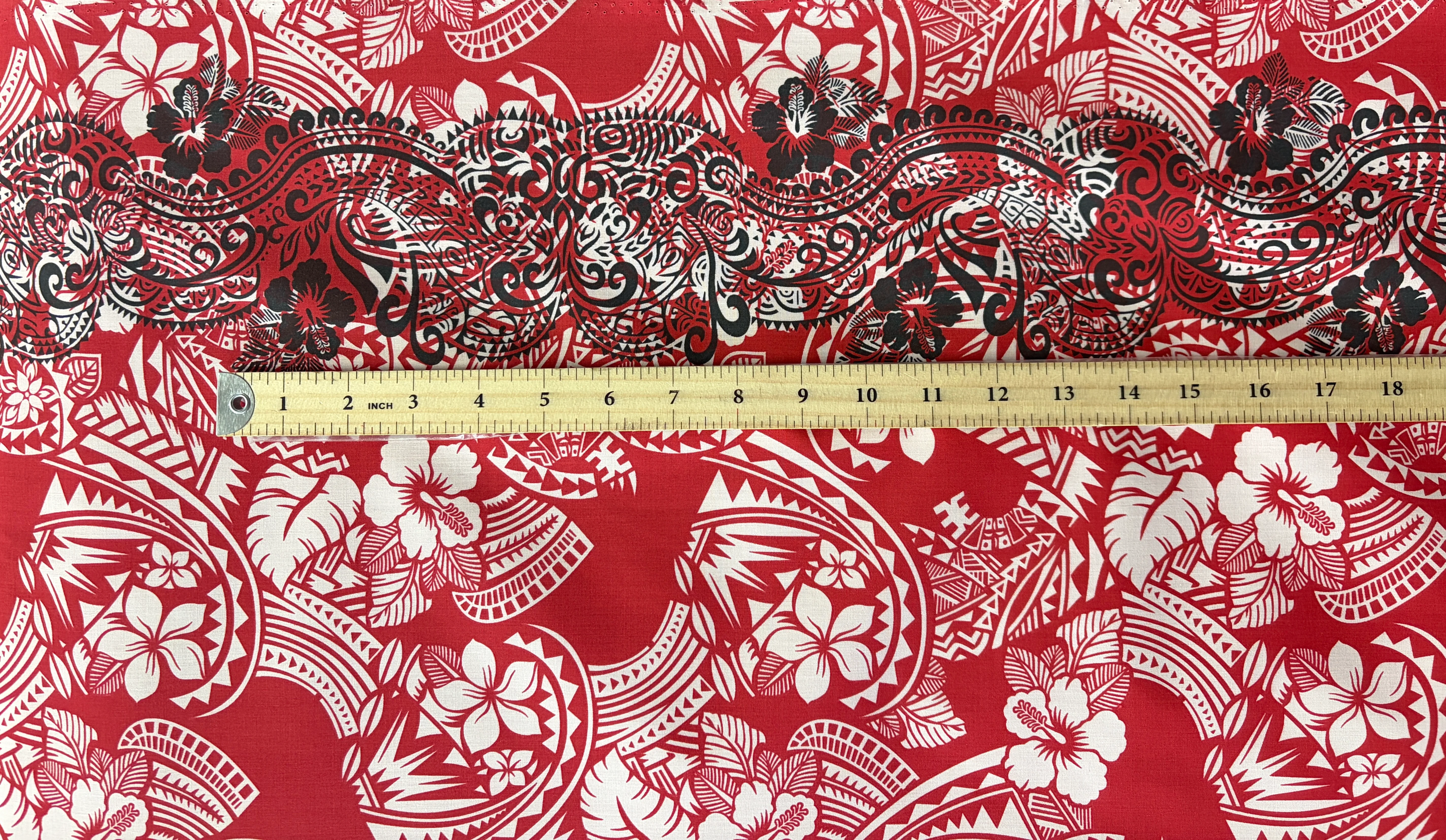 Polynesian Hibiscus & Plumeria Flowers Traditional Tattoo Single Border Poly-Cotton Fabric | Islands Fabric - Image 3
