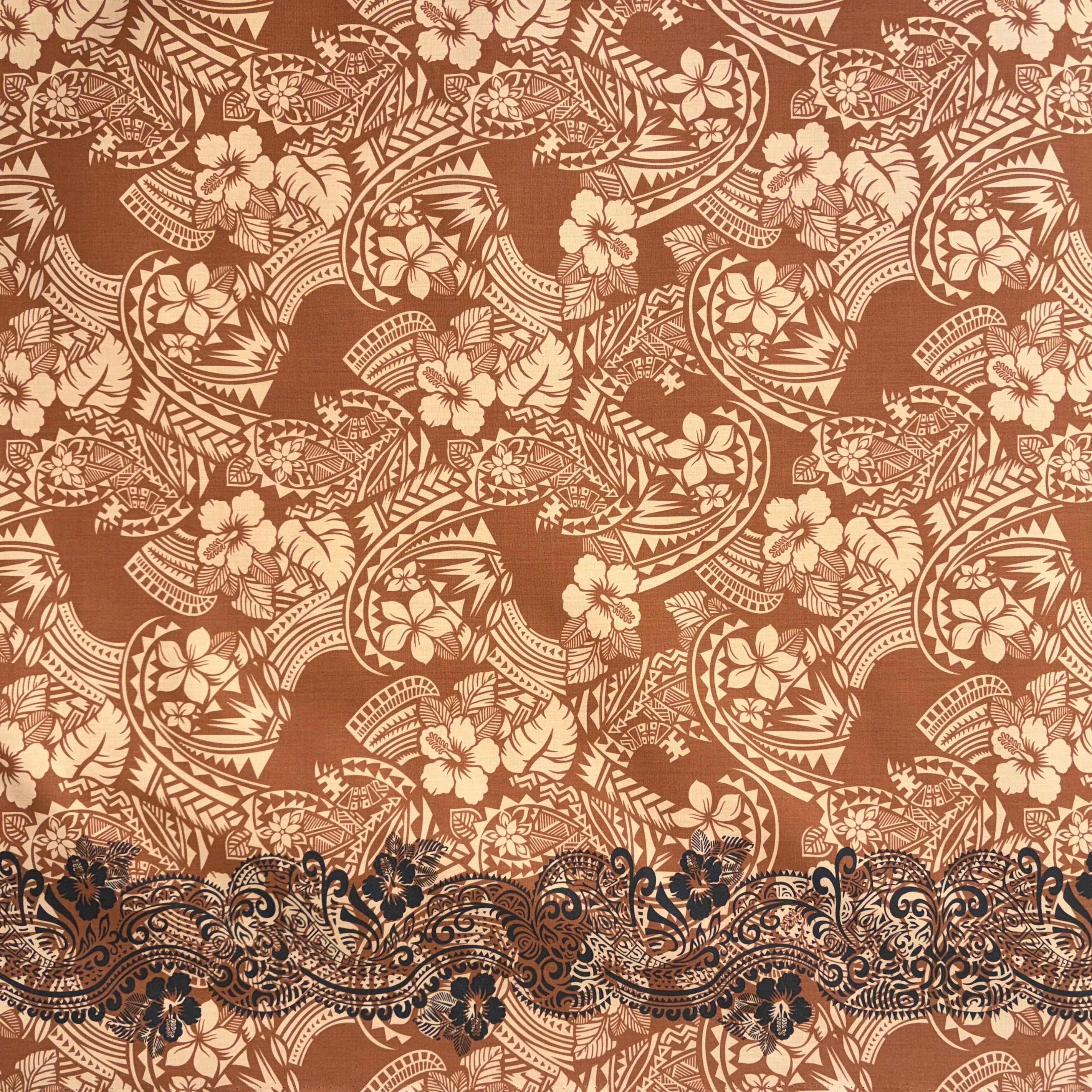 Polynesian Hibiscus & Plumeria Flowers Traditional Tattoo Single Border Poly-Cotton Fabric | Islands Fabric - Image 5