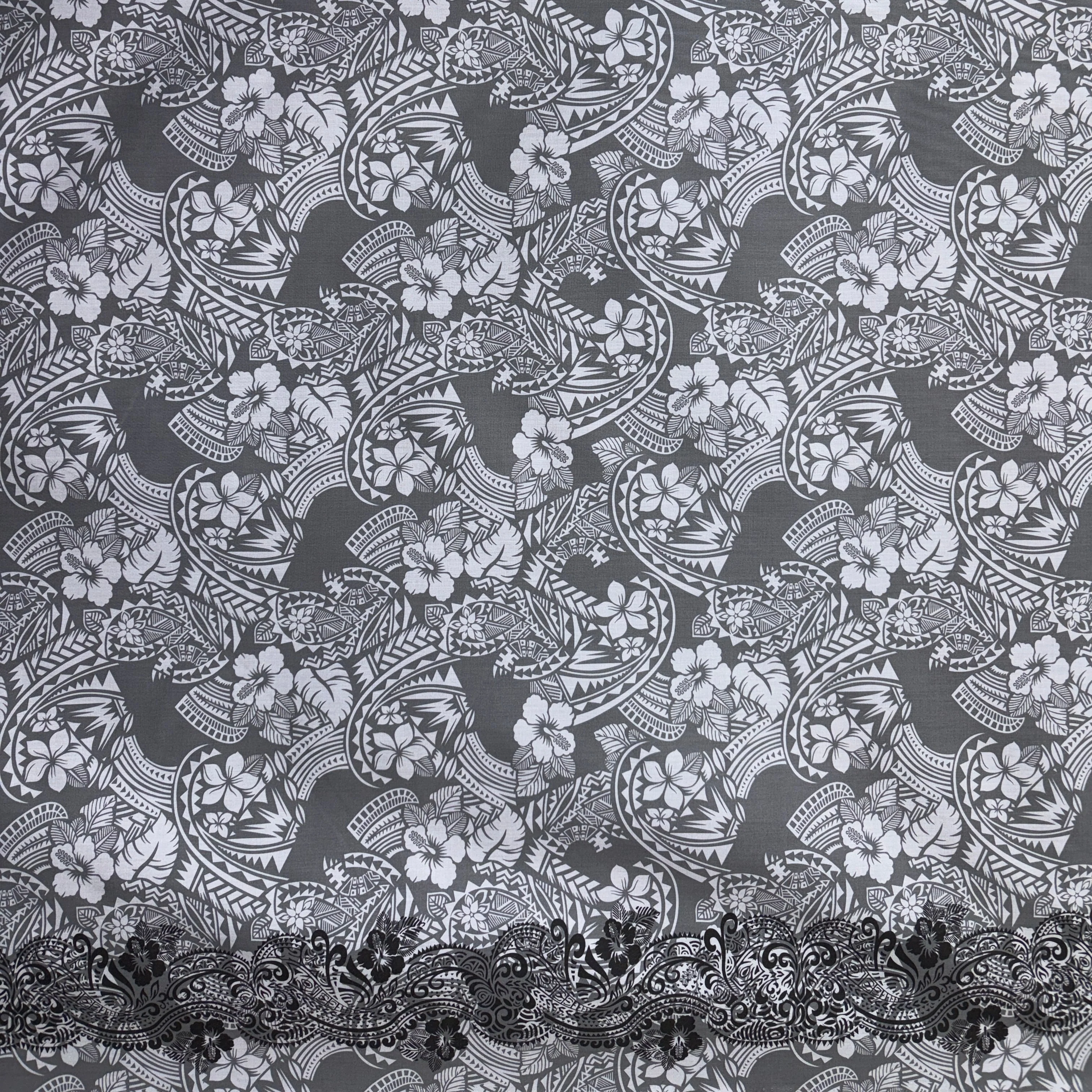 Polynesian Hibiscus & Plumeria Flowers Traditional Tattoo Single Border Poly-Cotton Fabric | Islands Fabric - Image 6